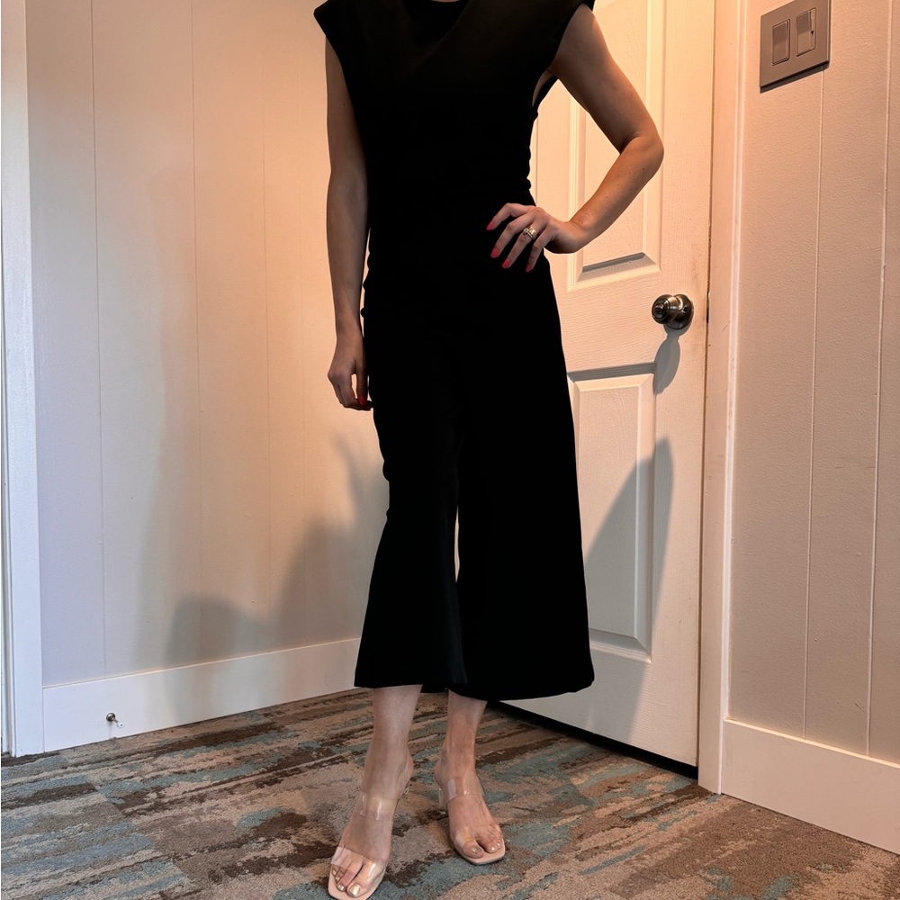 Black cinch-waist jumpsuit